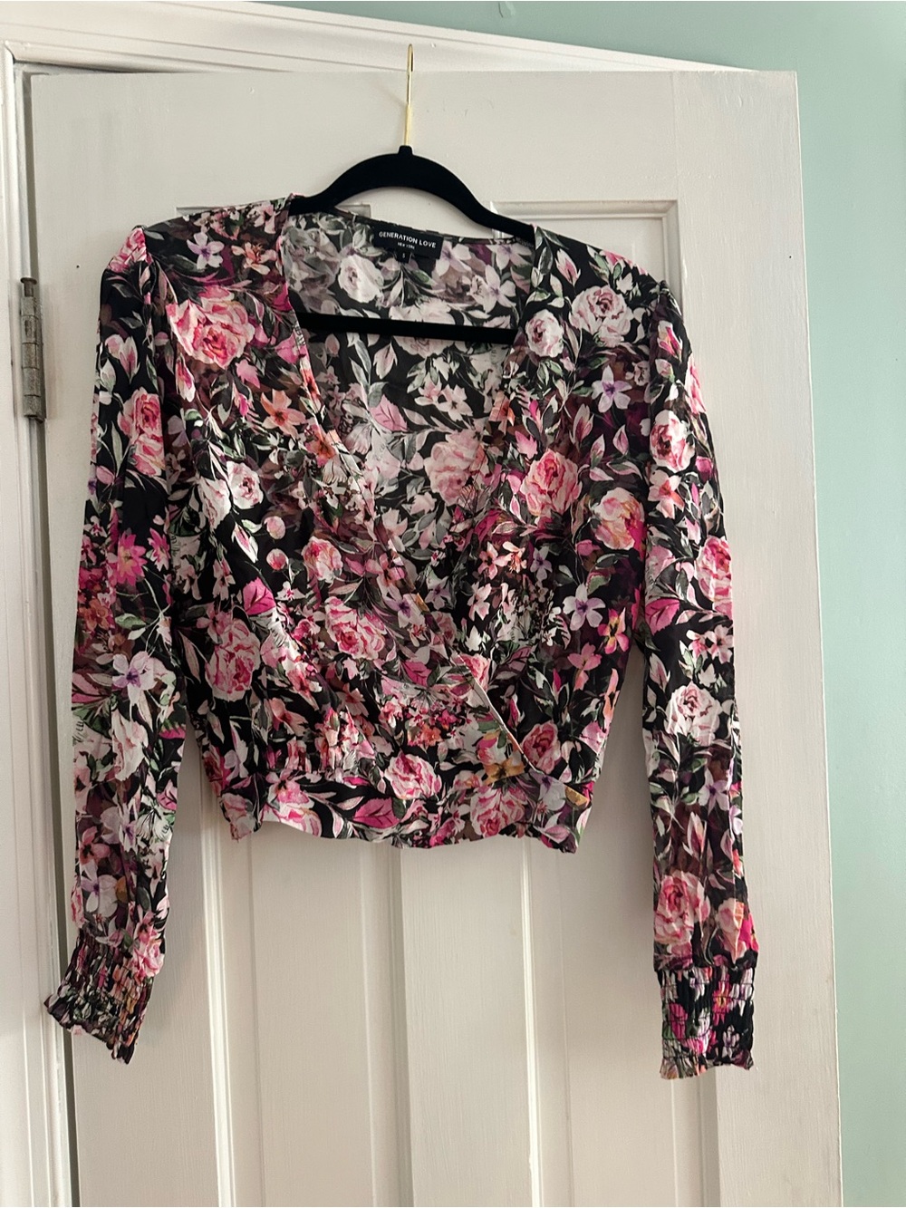 Generation Love Black Floral Wrap Crop Top with Pink and Cream Blooms